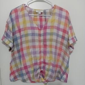 Charter Club Linen Luxury checked pastel v neck blouse ties at hem  XL